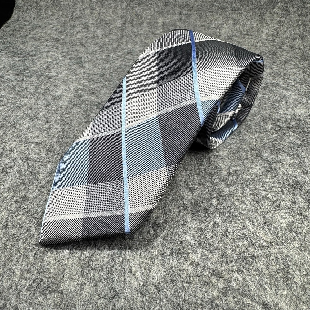 Perry Ellis Silk‎ Tie Men's Gray Blue Plaid 100% Silk Classic Business Necktie - Picture 1 of 7